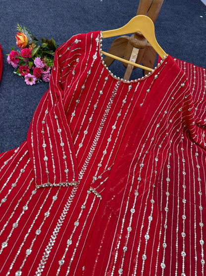 Red georgette sequence work palazzo suit
