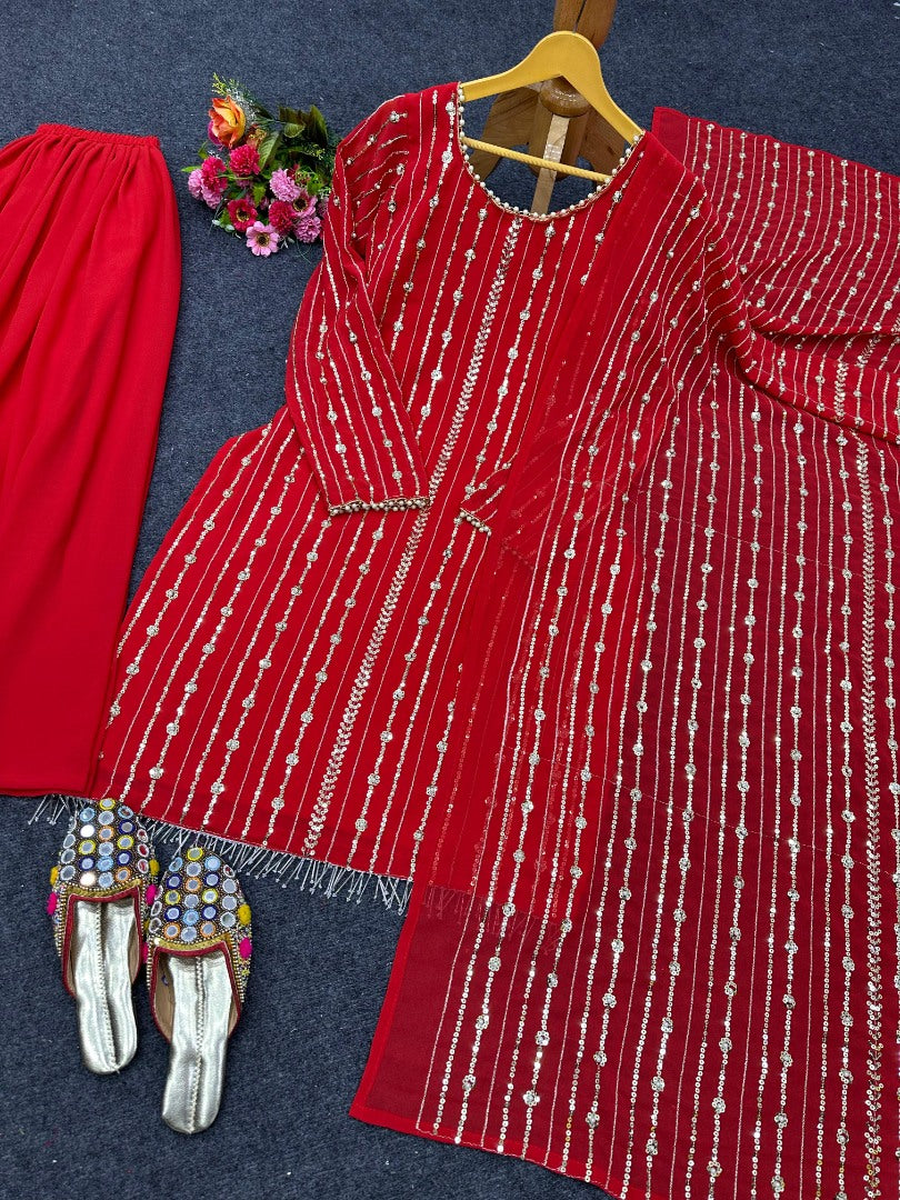 Red georgette sequence work palazzo suit