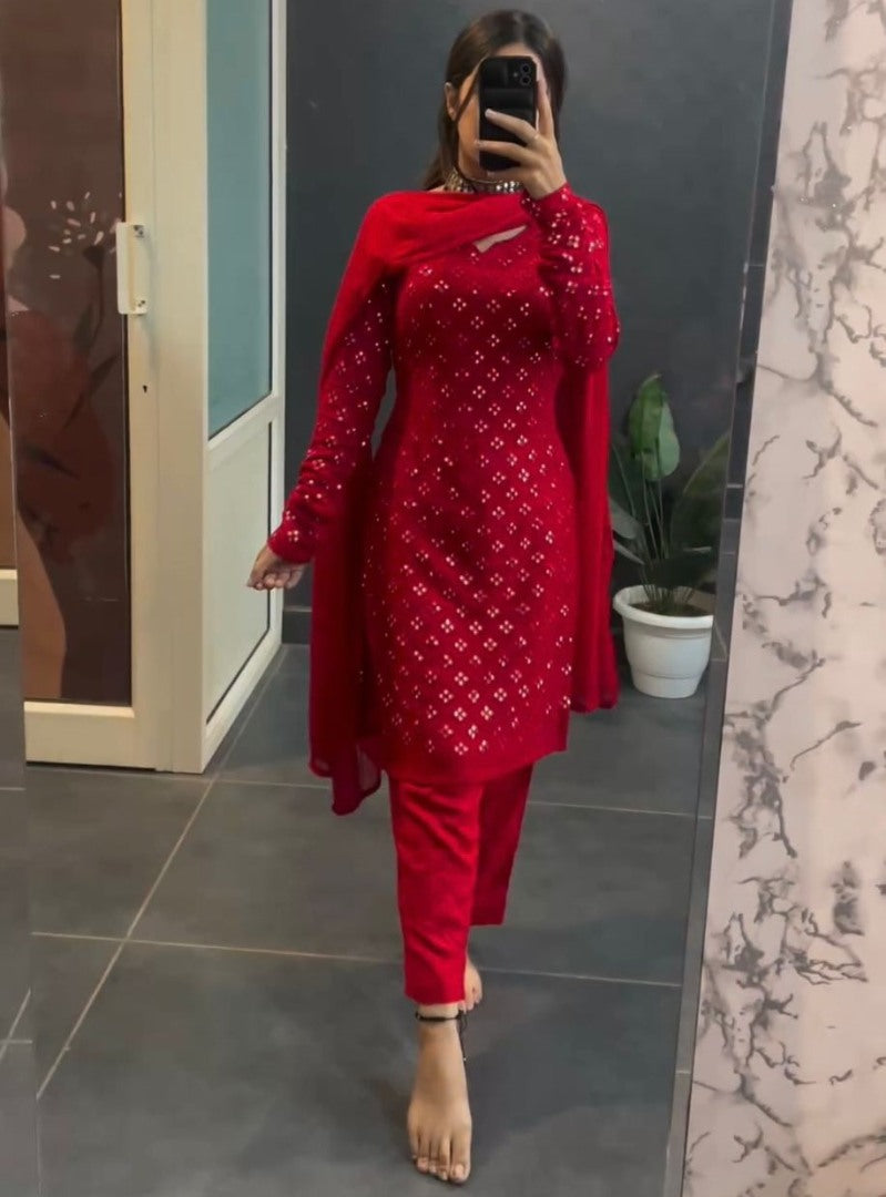 Red georgette sequence work pant salwar suit