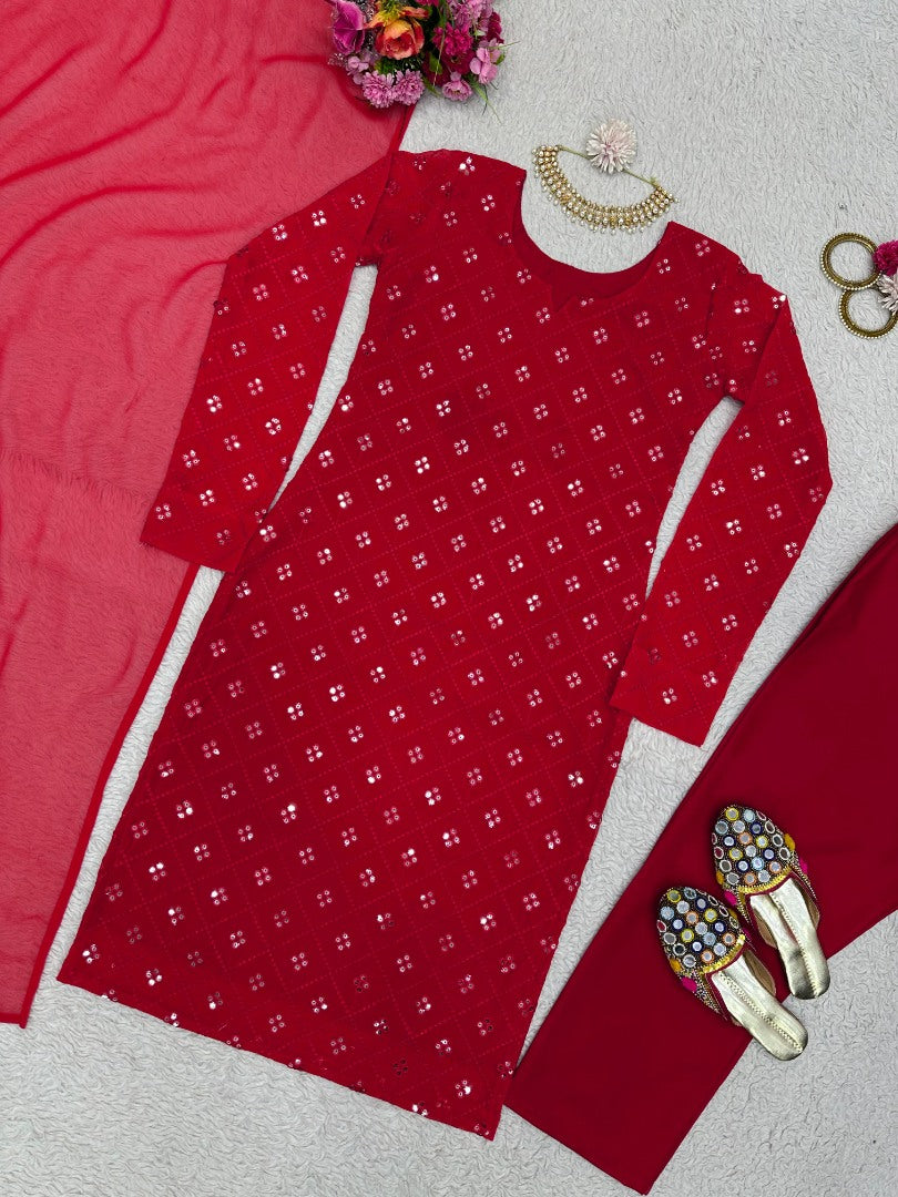 Red georgette sequence work pant salwar suit
