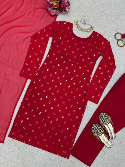 Red georgette sequence work pant salwar suit
