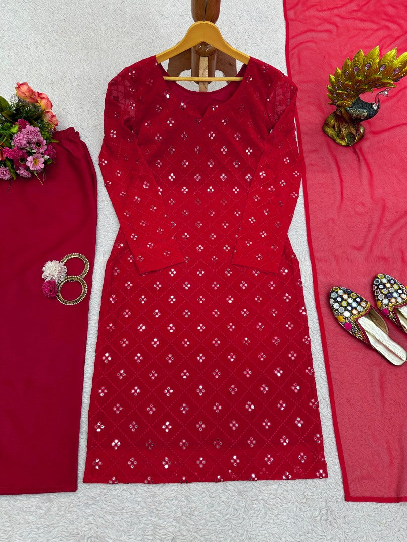Red georgette sequence work pant salwar suit