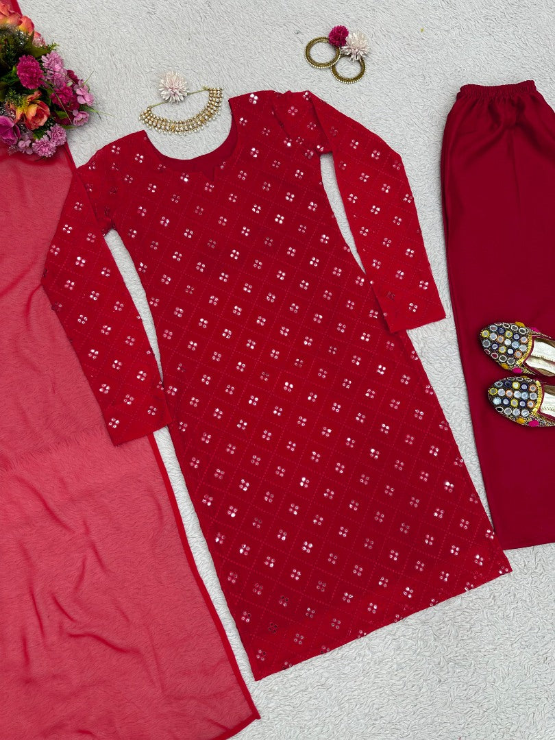 Red georgette sequence work pant salwar suit