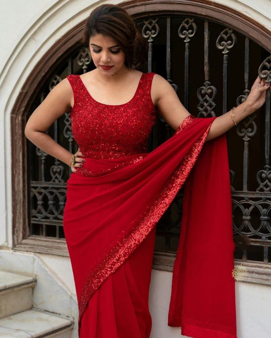 Red georgette sequence work partywear saree