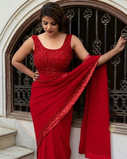 Red georgette sequence work partywear saree