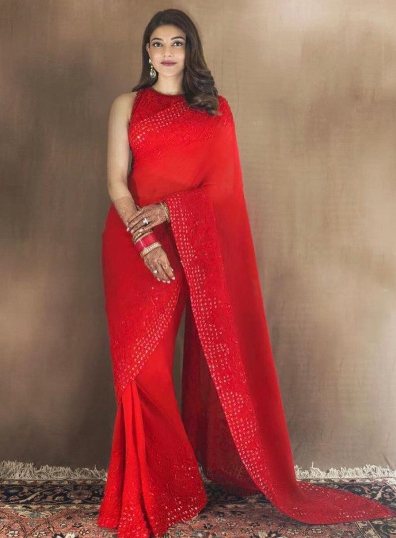 Red georgette sequence work partywear saree