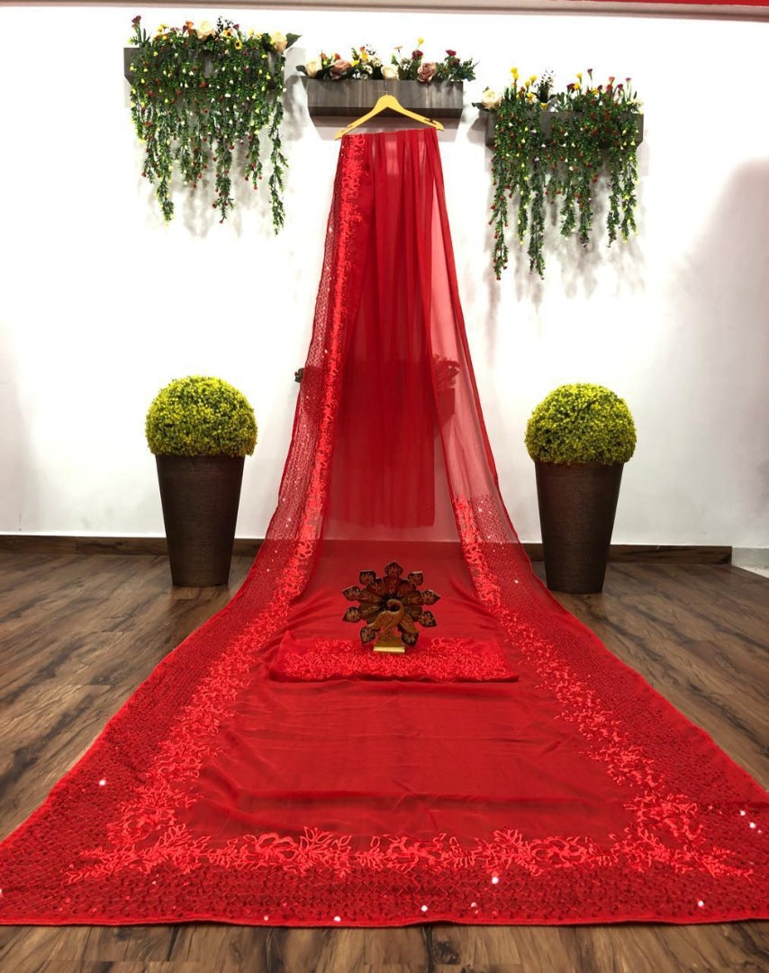Red georgette sequence work partywear saree