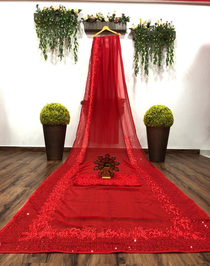 Red georgette sequence work partywear saree