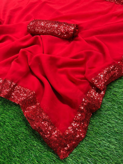 Red georgette sequence work partywear saree