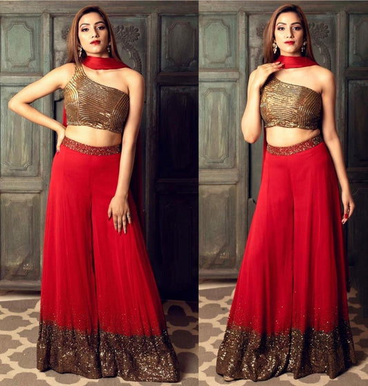 Red georgette sequence work plazzo suit