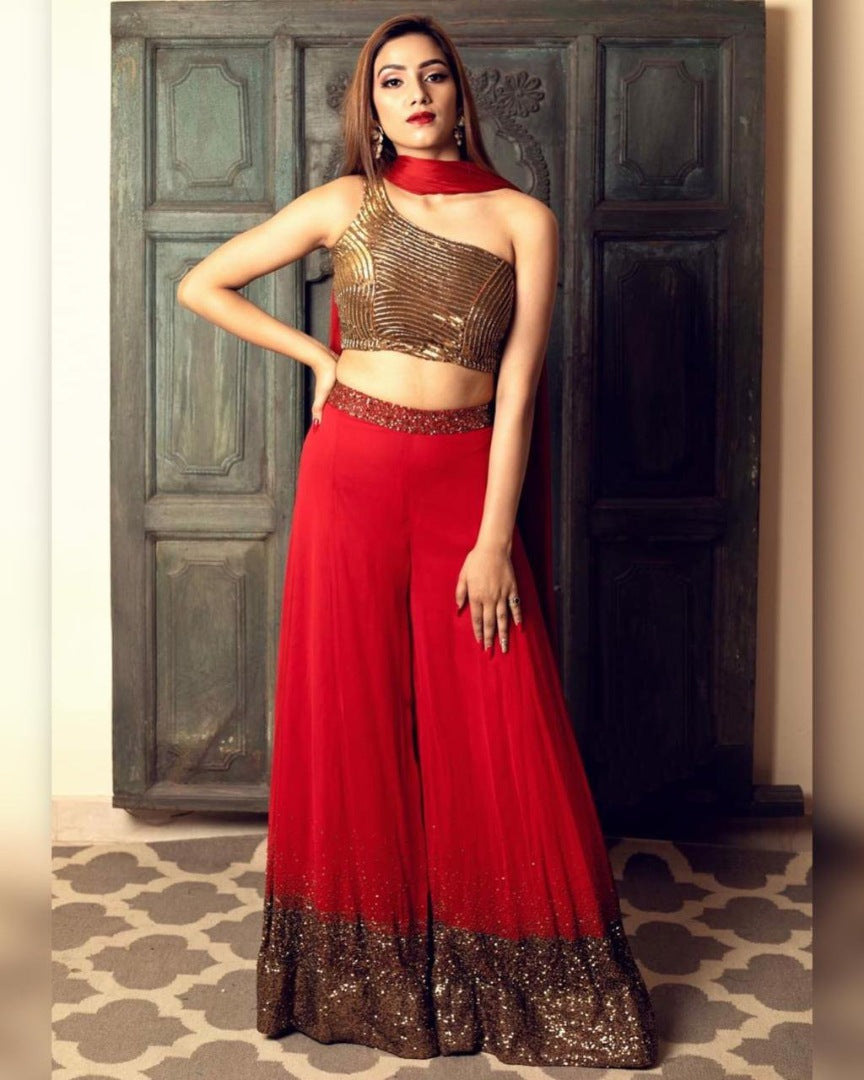 Red georgette sequence work plazzo suit