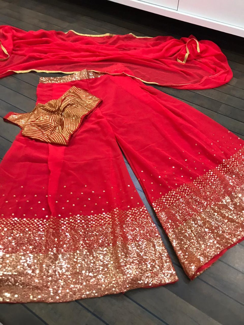 Red georgette sequence work plazzo suit