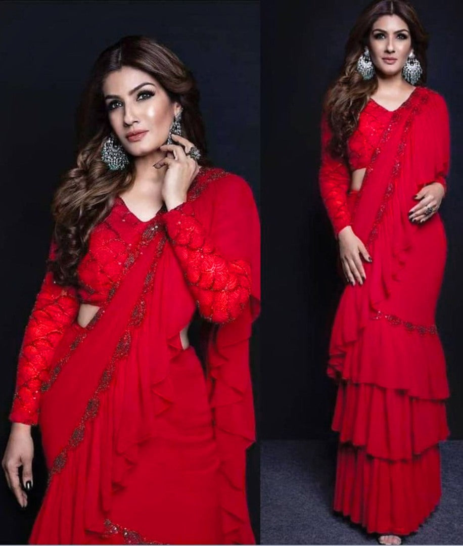 Red georgette stylist partywear ruffle saree with sequence work blouse