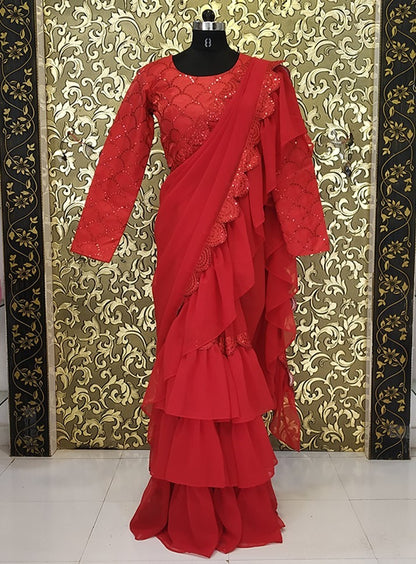 Red georgette stylist partywear ruffle saree with sequence work blouse