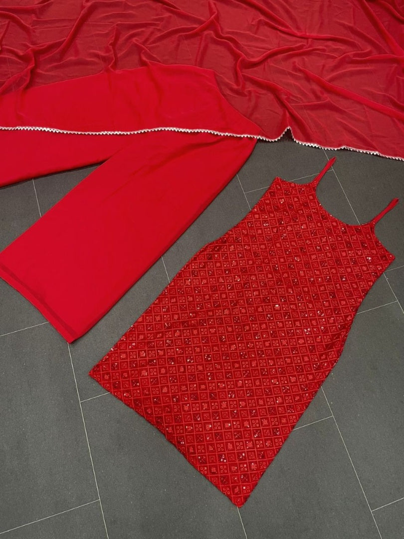Red georgette thread and sequence embroidery work plazzo suit