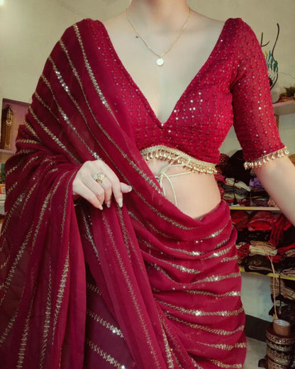 Red georgette thread and sequence work party wear saree