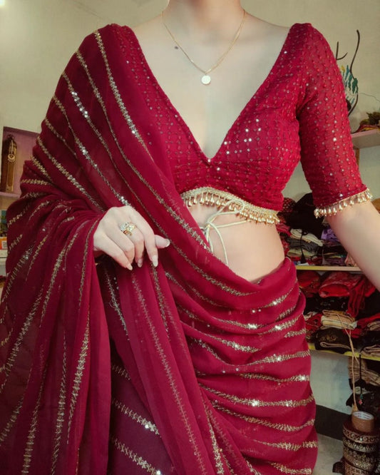 Red georgette thread and sequence work party wear saree
