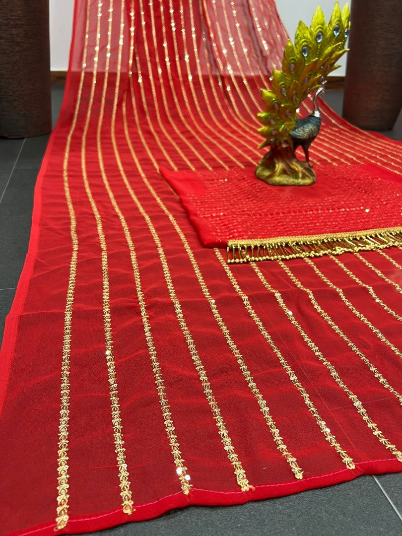 Red georgette thread and sequence work party wear saree