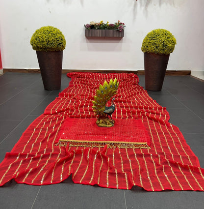 Red georgette thread and sequence work party wear saree