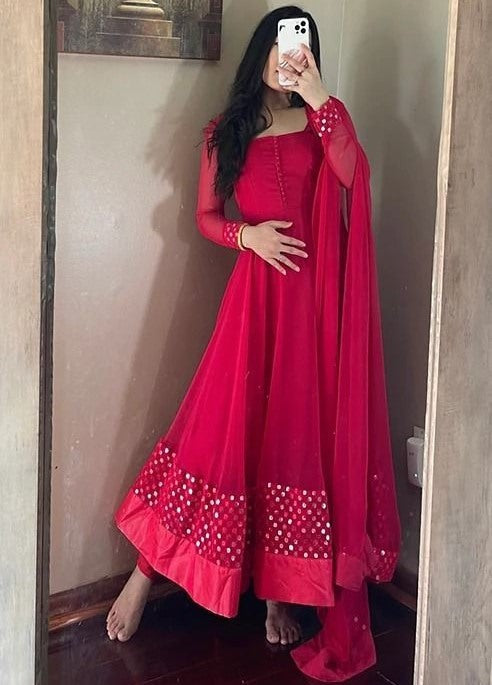 Red georgette thread embroidered party wear anarkali suit