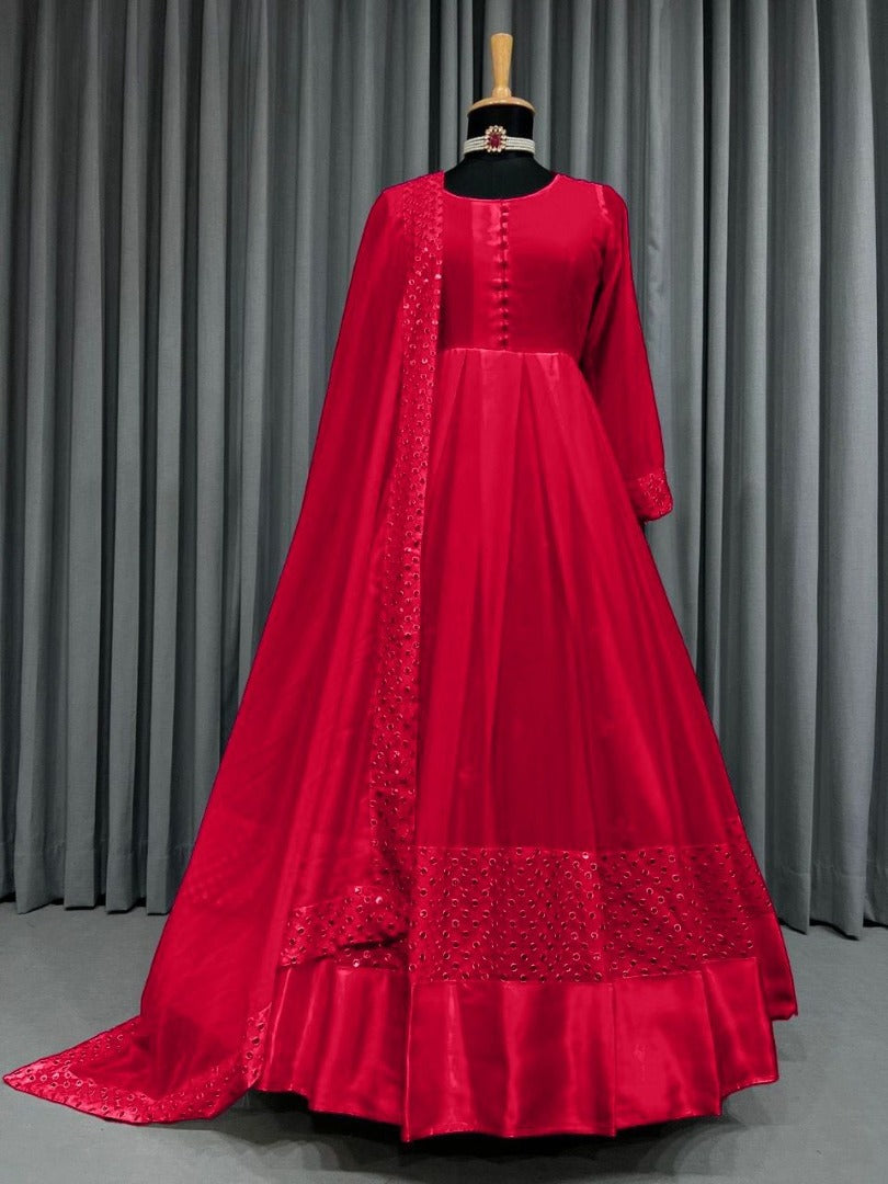 Red georgette thread embroidered party wear anarkali suit