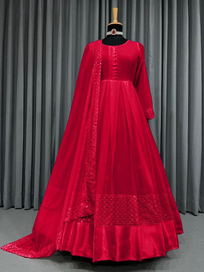 Red georgette thread embroidered party wear anarkali suit