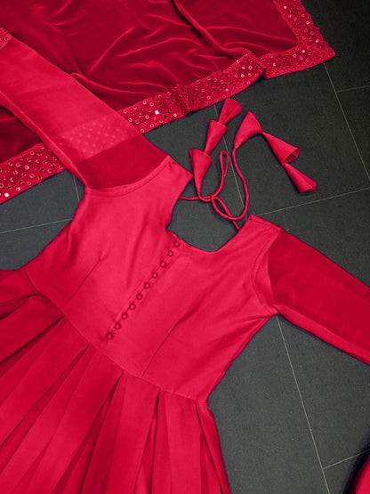 Red georgette thread embroidered party wear anarkali suit