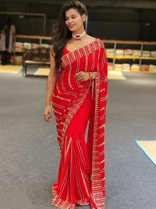 Red georgette thread embroidered saree