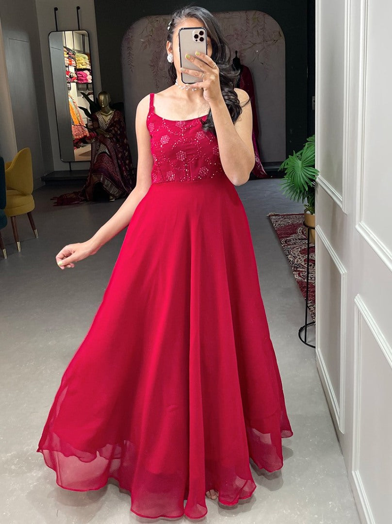 Red georgette thread sequence embroidery work party wear gown