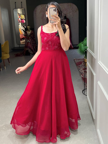 Red georgette thread sequence embroidery work party wear gown