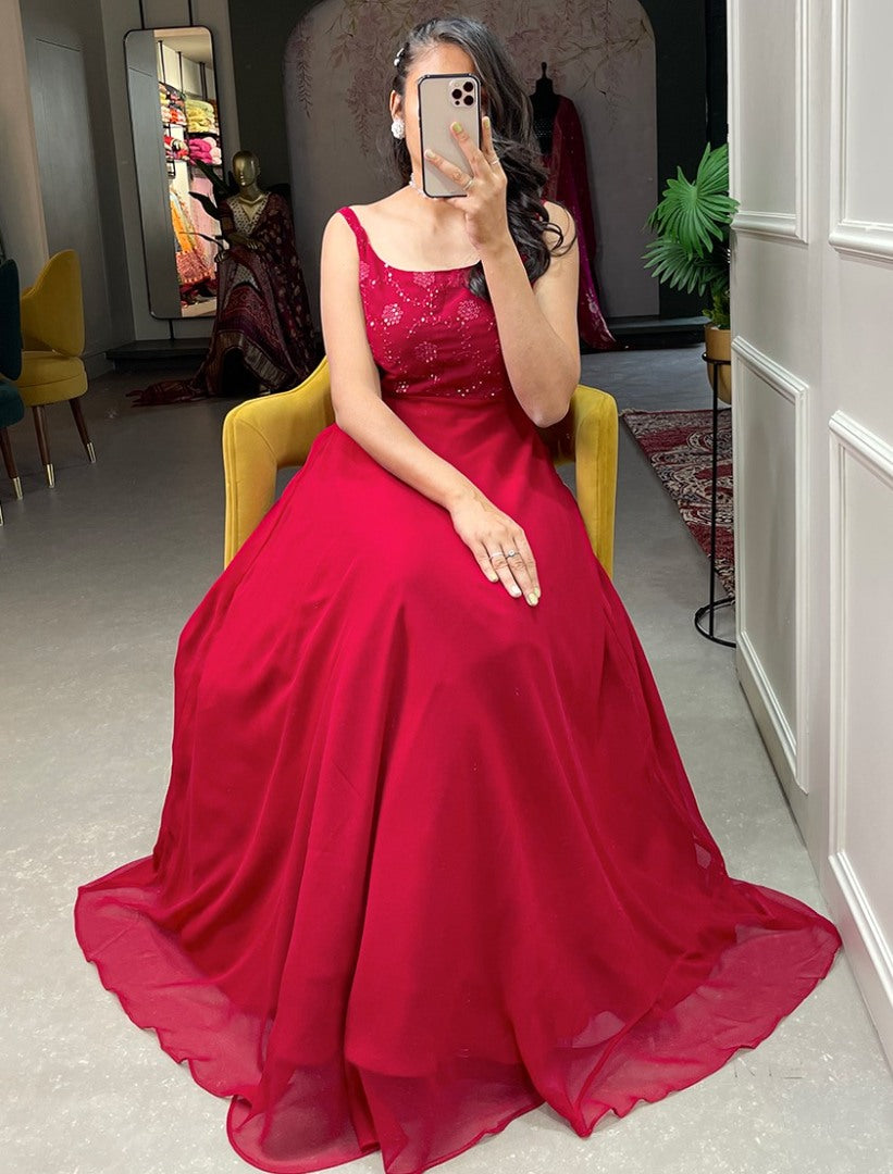 Red georgette thread sequence embroidery work party wear gown