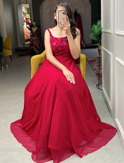Red georgette thread sequence embroidery work party wear gown