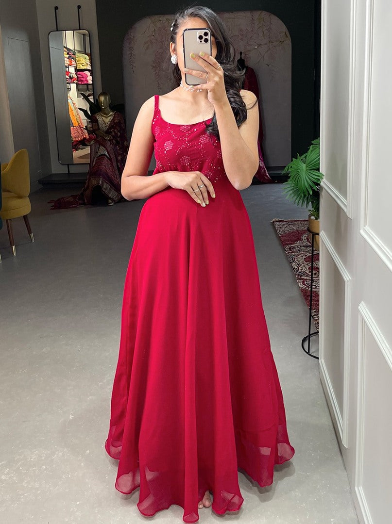 Red georgette thread sequence embroidery work party wear gown