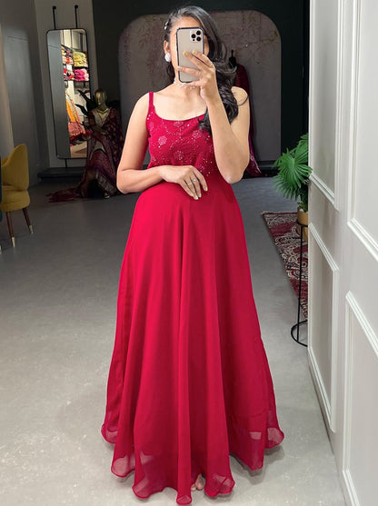Red georgette thread sequence embroidery work party wear gown