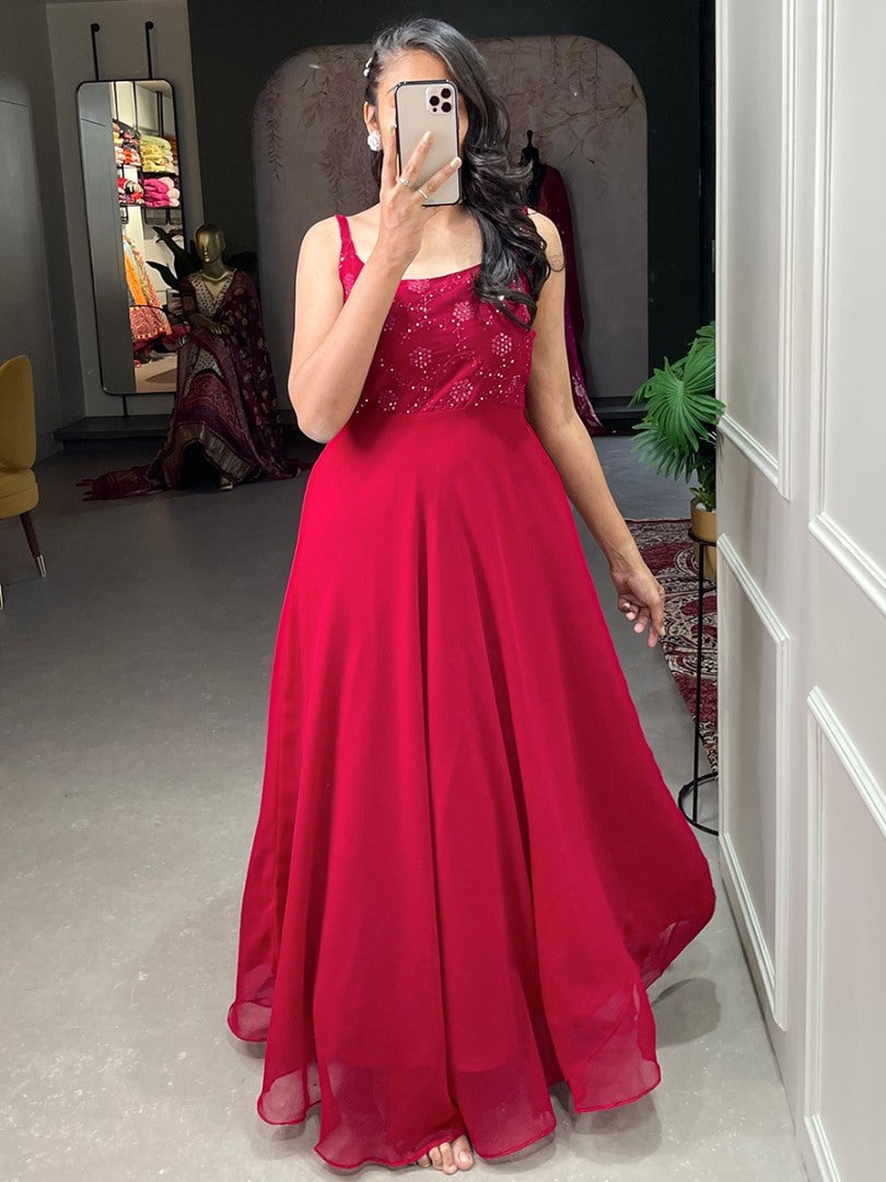 Red georgette thread sequence embroidery work party wear gown