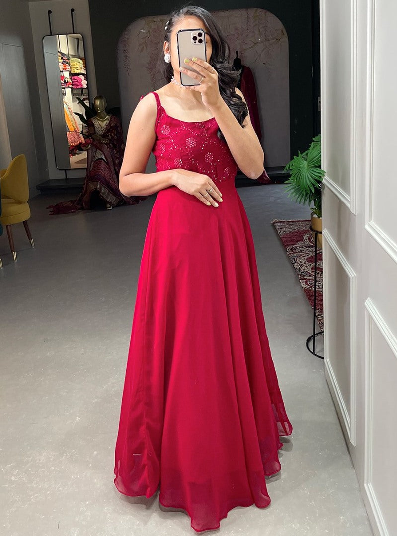 Red georgette thread sequence embroidery work party wear gown