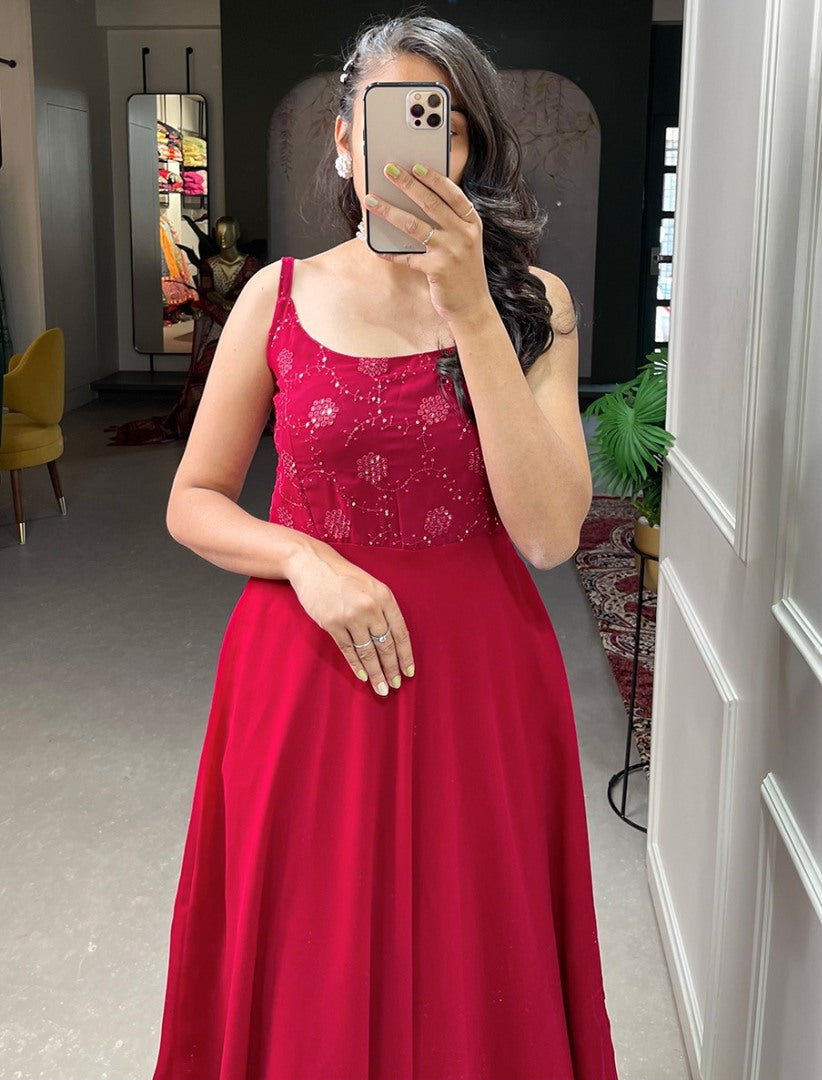 Red georgette thread sequence embroidery work party wear gown