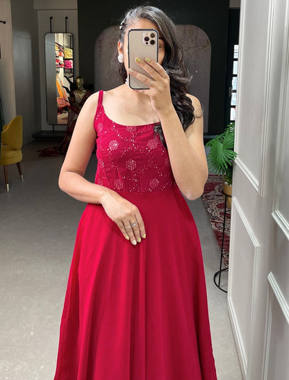 Red georgette thread sequence embroidery work party wear gown