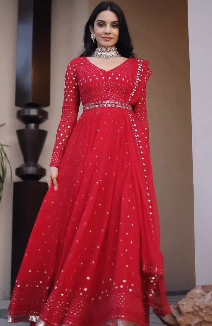 Red georgette thread sequence work gown sharara suit