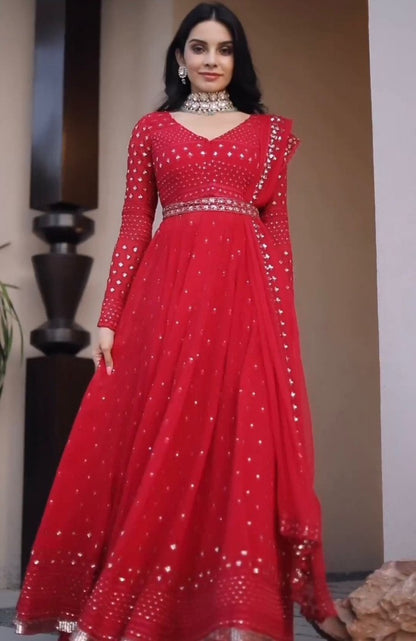 Red georgette thread sequence work gown sharara suit