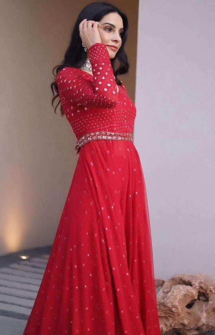 Red georgette thread sequence work gown sharara suit