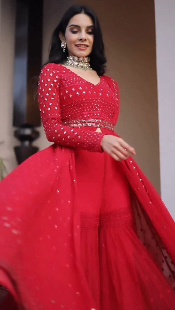 Red georgette thread sequence work gown sharara suit