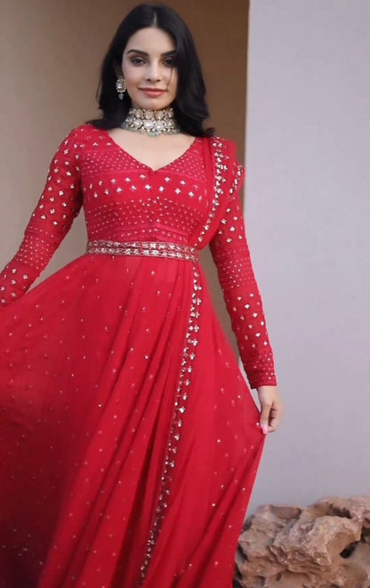 Red georgette thread sequence work gown sharara suit