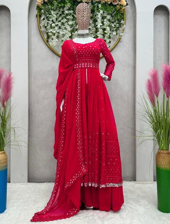 Red georgette thread sequence work gown sharara suit