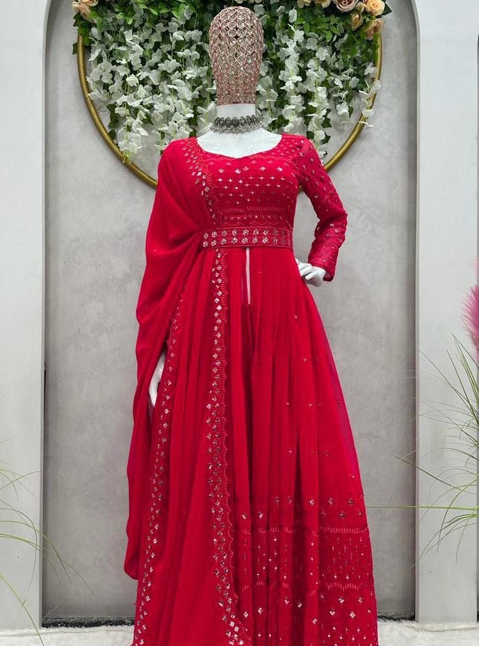 Red georgette thread sequence work gown sharara suit
