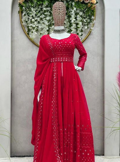 Red georgette thread sequence work gown sharara suit