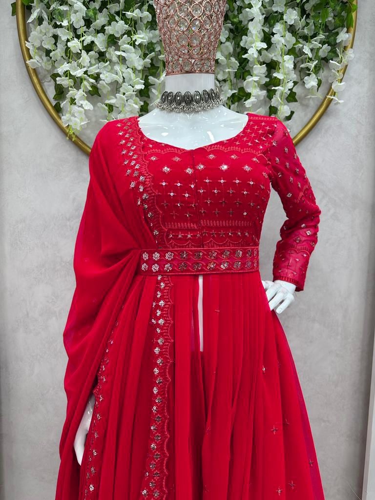 Red georgette thread sequence work gown sharara suit