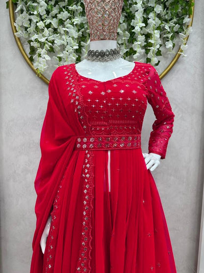 Red georgette thread sequence work gown sharara suit