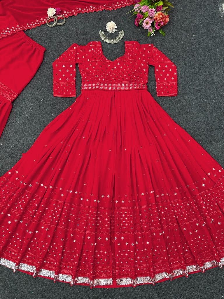 Red georgette thread sequence work gown sharara suit