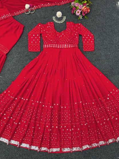 Red georgette thread sequence work gown sharara suit
